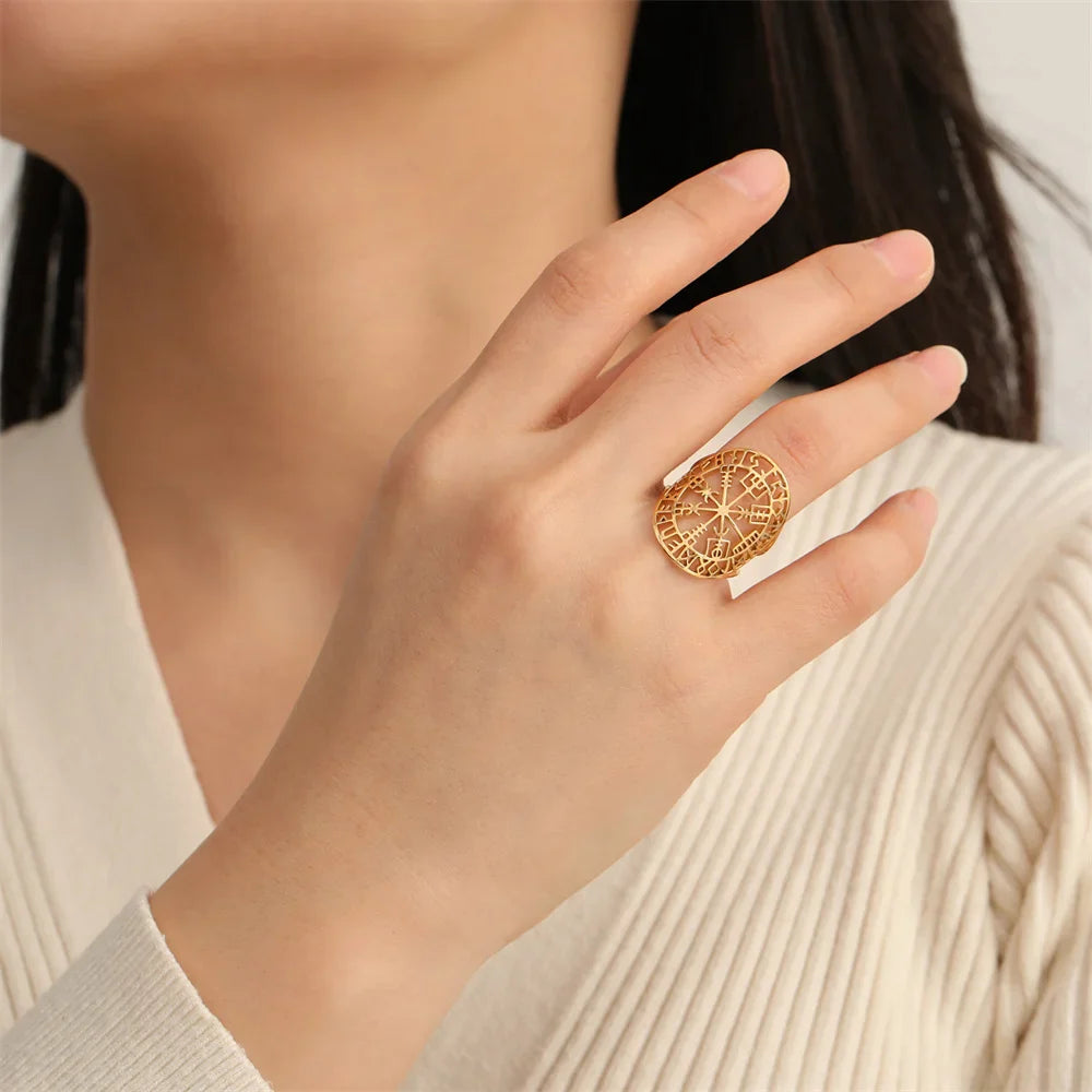 Vegvisir-ring Viking runekompass gull 1