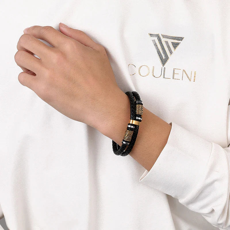 Sort Læderarmbånd Vikingemytologi guld 1