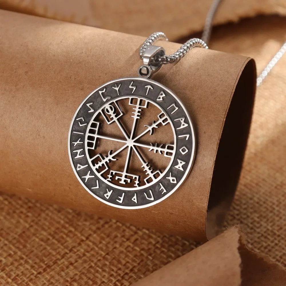Sort og sølv Kompas Vegvisir Viking Vedhæng Halskæde