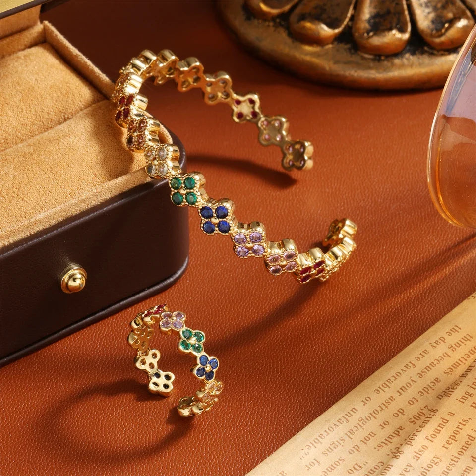 Bague avec Trèfles à 4 Feuilles Colorés en Zircon or