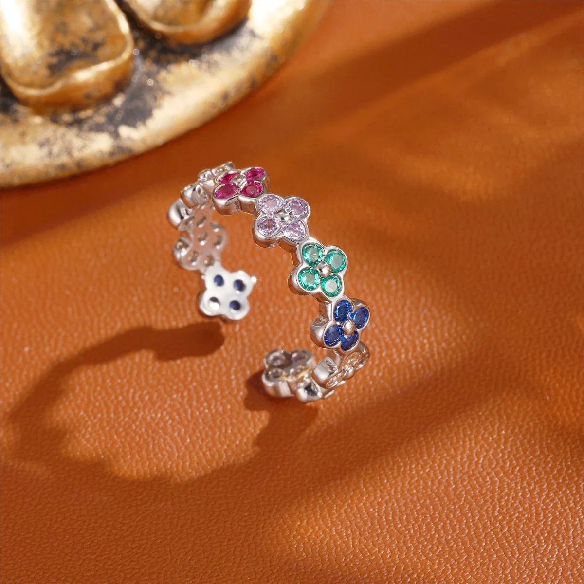 Bague avec Trèfles à 4 Feuilles Colorés en Zircon argent