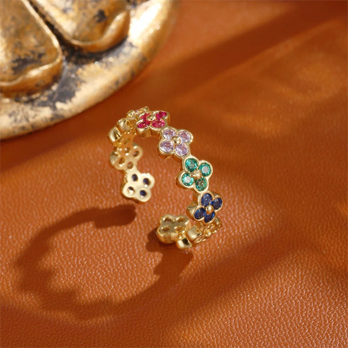 Bague avec Trèfles à 4 Feuilles Colorés en Zircon or