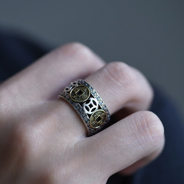 Tibetansk buddhistisk ring for menn og kvinner, signetring i gull og sølv