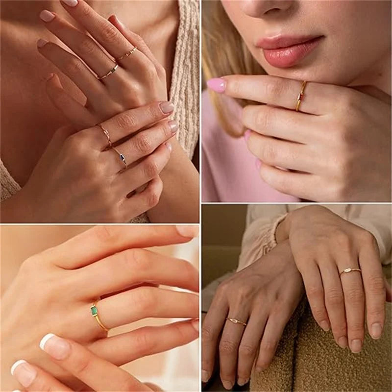 Minimalistisk ring med rektangulær fødselsstein for kvinner