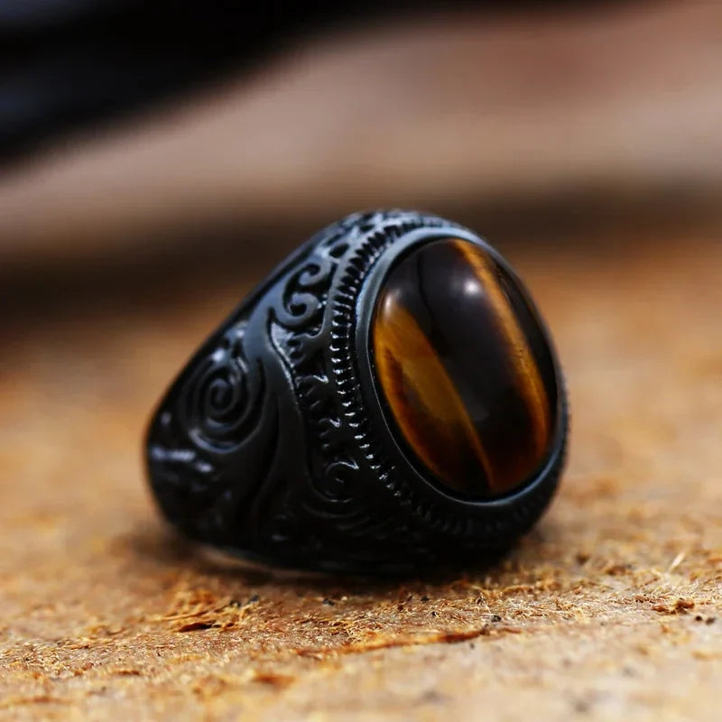 Bague Oeil de Tigre Homme Décorée noir