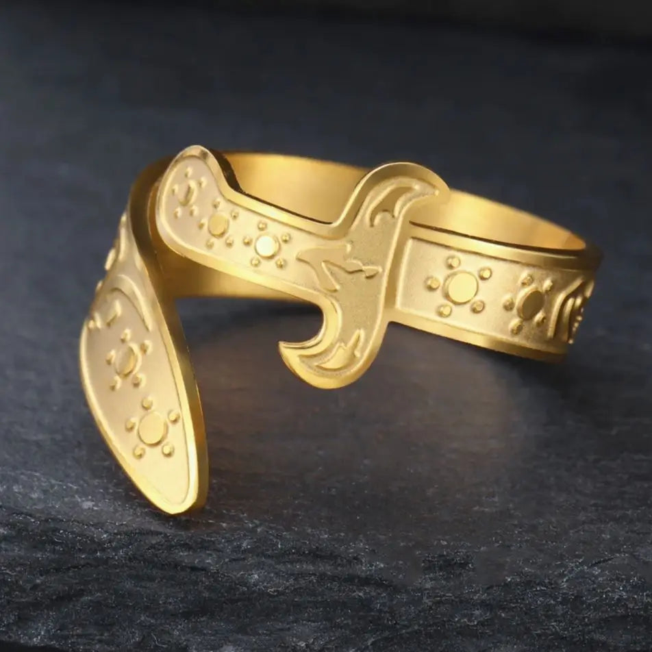 Ring med Ali Zulfiqar-sverd, arabisk symbol, gull