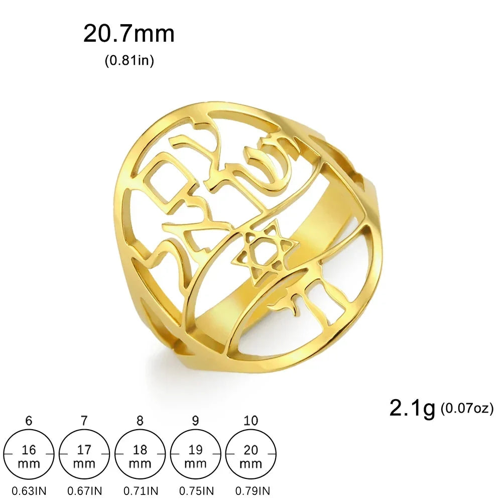 Symbolisk judisk ring med hebreisk gravyr, Davidsstjärna och Haï Chai