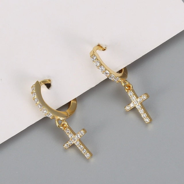 Boucles d'Oreilles avec Croix Or & Argent or