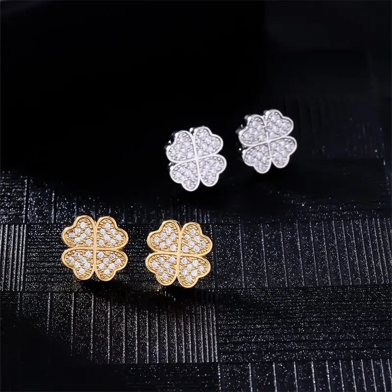 Øreringe med stift og 4-bladede kløver i zircon guld