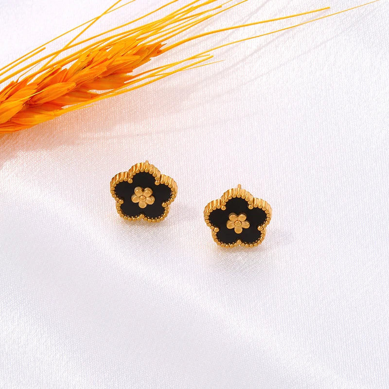 Øreringe med stift og 5-blads kløver sort