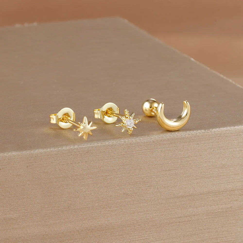 Boucles d'Oreilles Clou Croissant de Lune et Etoiles or