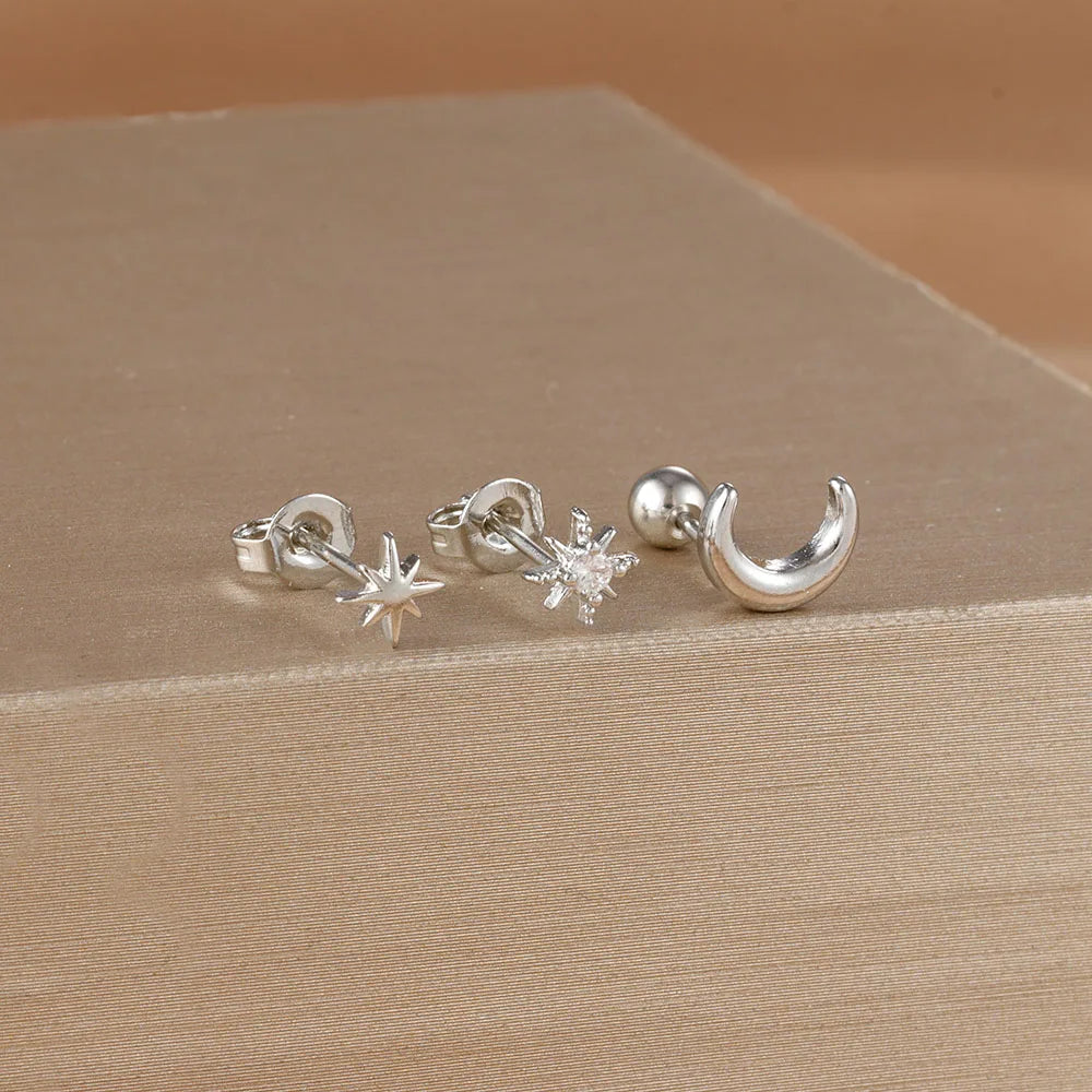 Boucles d'Oreilles Clou Croissant de Lune et Etoiles argent