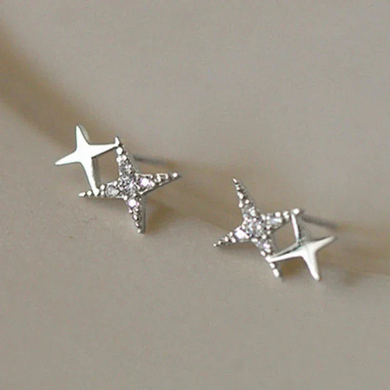 Boucles d'Oreilles Clou Doubles Etoiles et Zircon argent