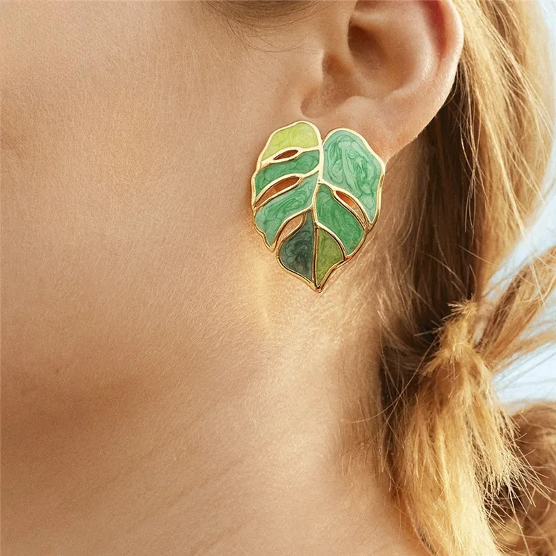 Boucles d'Oreilles Clou Feuille de Palmier vert