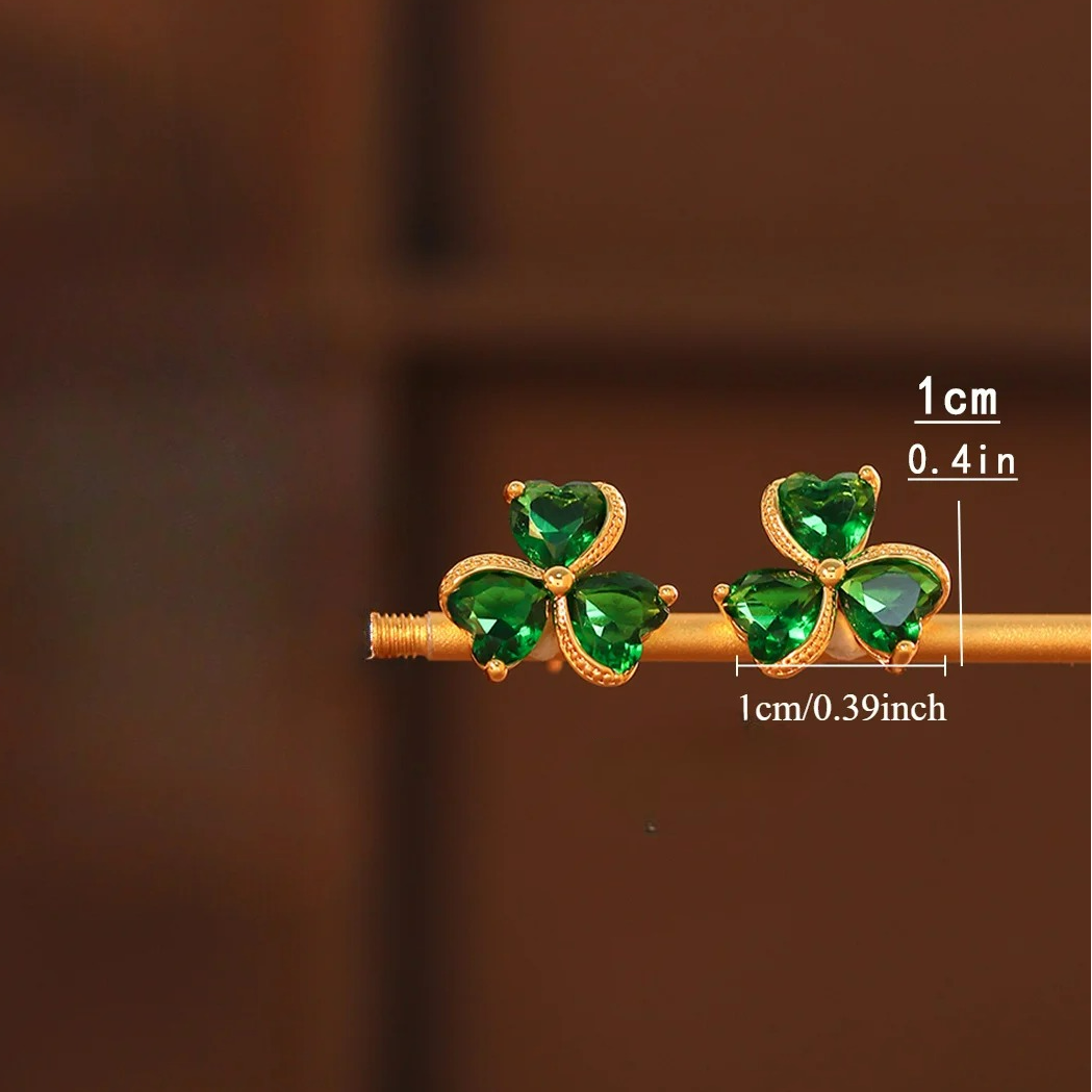 Øreringe Stik Kløver med 3 Blade Grøn Smaragd og Zirkon