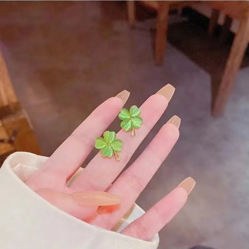 Øreringe Stift Kløver med 4 Blade Grøn