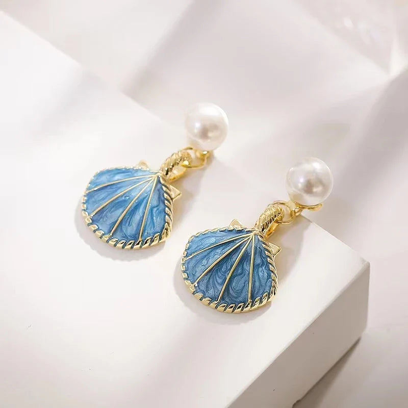 Boucles d'Oreilles Coquilles Saint-Jacques Bleues Coquillage