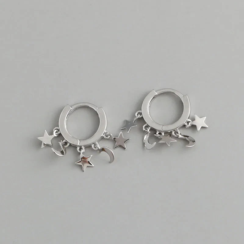 Boucles d'Oreilles Créoles Etoiles et Lunes pendantes argent