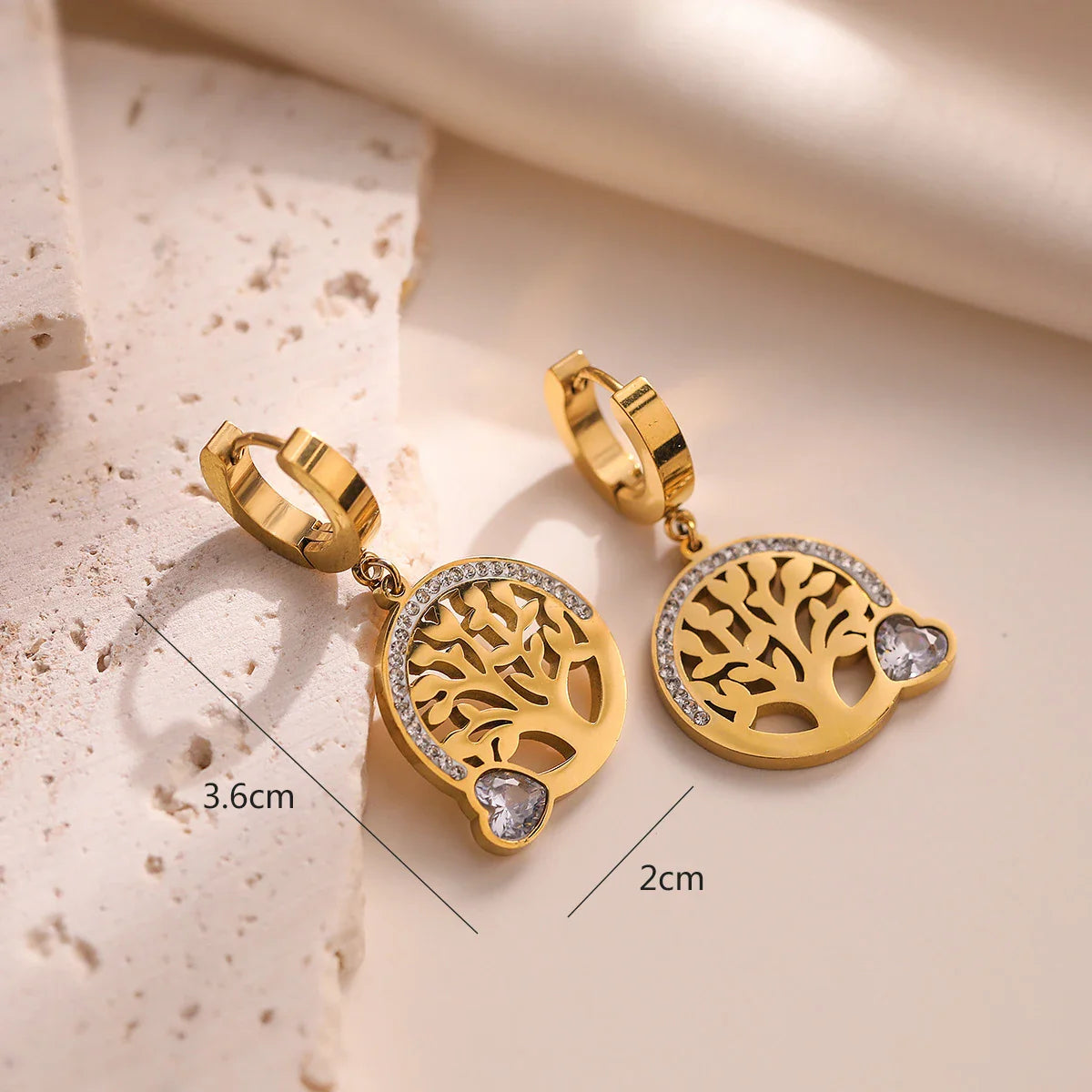 Boucles d'Oreilles Créoles Pendantes Arbre de Vie Coeur blanc
