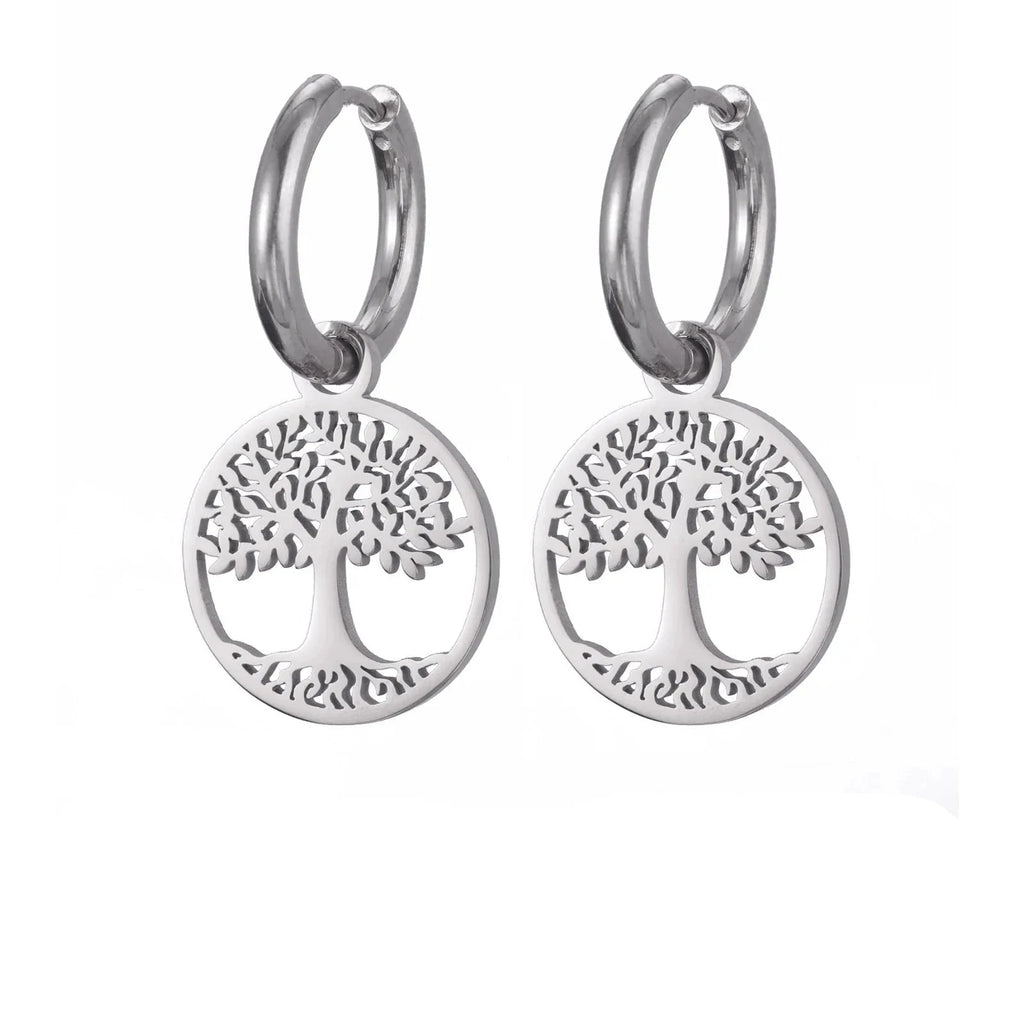 Boucles d'Oreilles Créoles Pendantes Arbre de Vie Femme argent