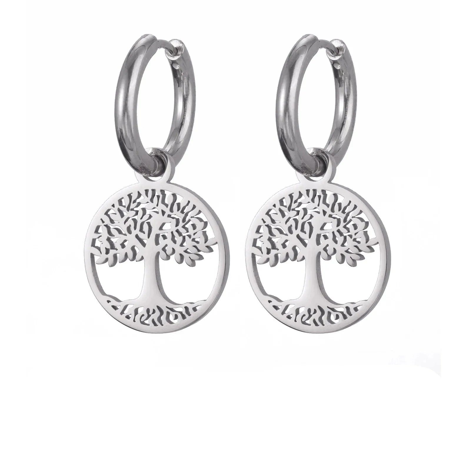 Boucles d'Oreilles Créoles Pendantes Arbre de Vie Femme argent