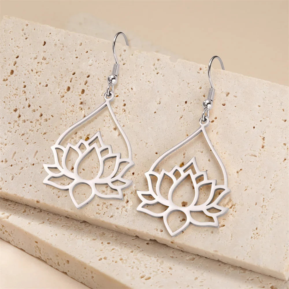 Boucles d'Oreilles Femme Pendantes Fleur de Lotus argent
