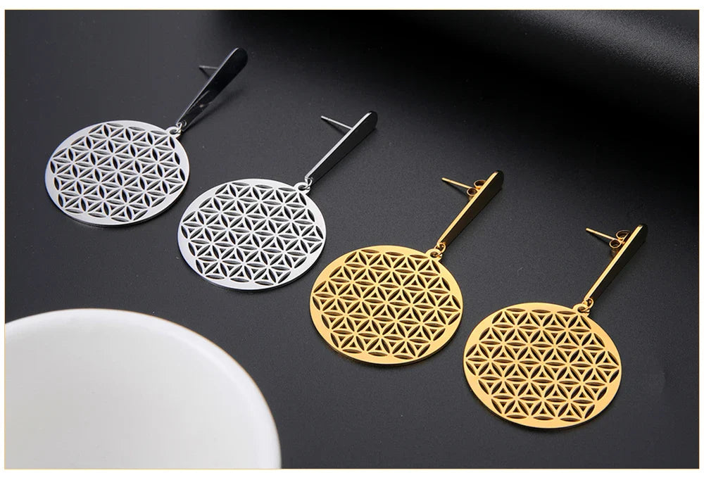 Boucles D'Oreilles Fleur de Vie Pendantes Femme Mandala argent