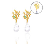 Náušnice visací korál s perlou a zeleným zirkonem