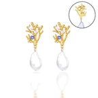 Náušnice visací korál s perlou a modrým zirkonem