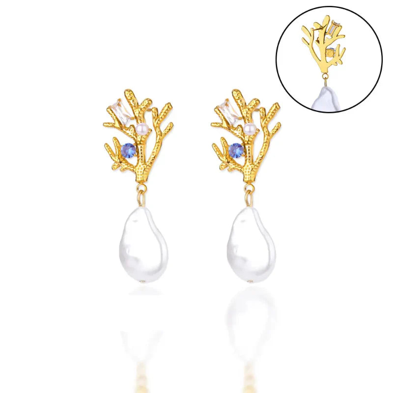 Náušnice visací korál s perlou a modrým zirkonem