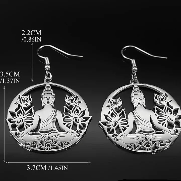 Boucles d'Oreilles Pendantes Bouddha et Fleur de Lotus