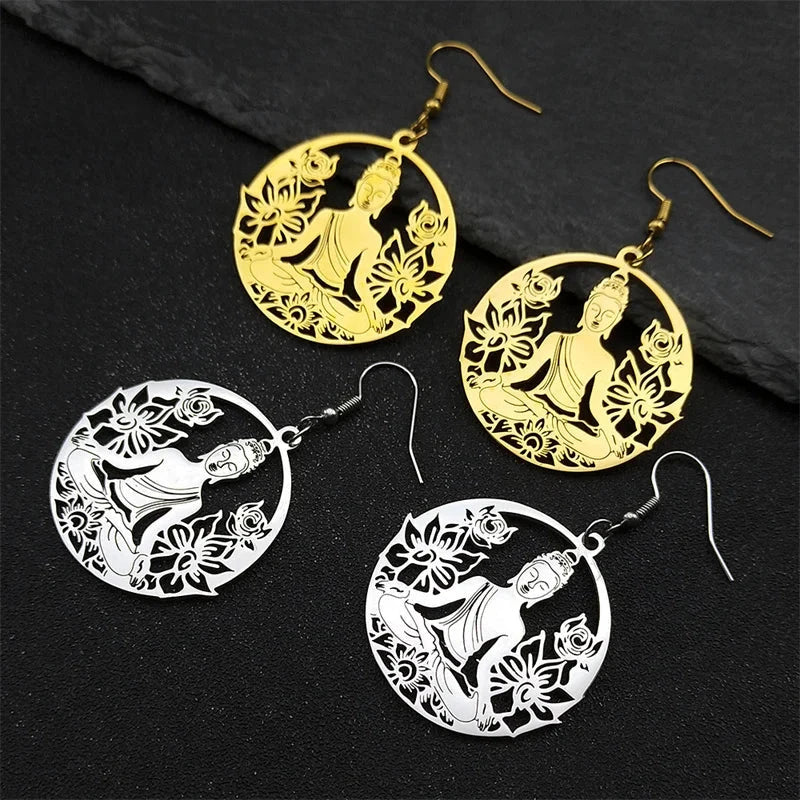 Boucles d'Oreilles Pendantes Bouddha et Fleur de Lotus or