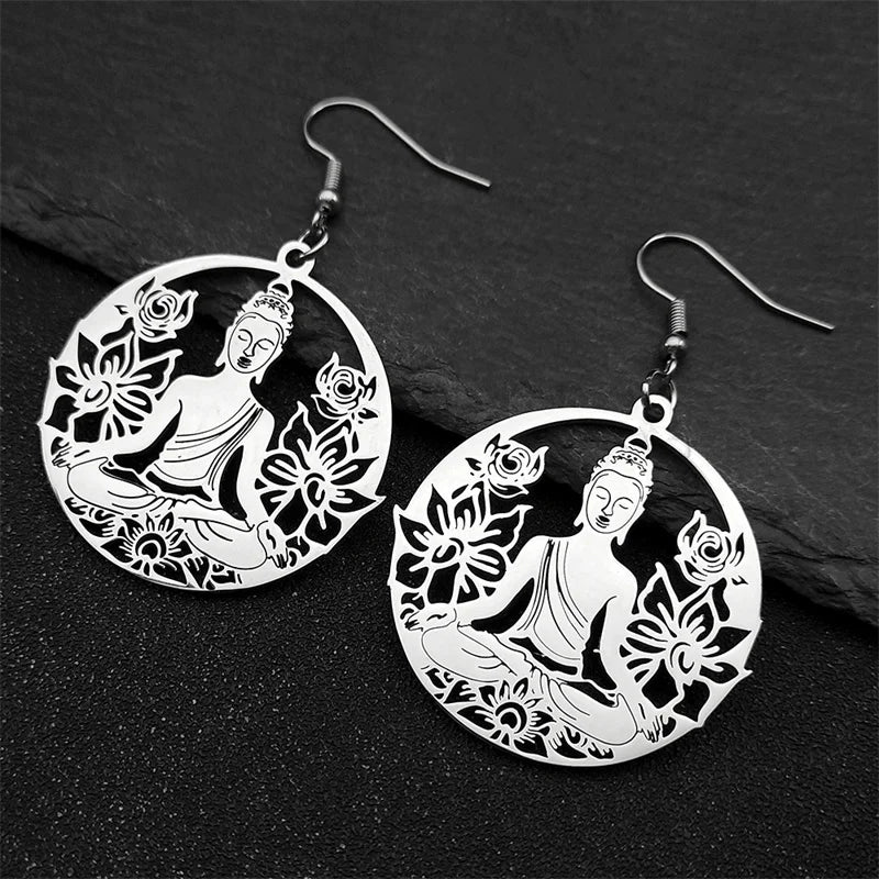 Boucles d'Oreilles Pendantes Bouddha et Fleur de Lotus argent