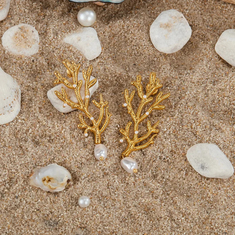 Hængende Øreringe med Koraller og Hvide Perler