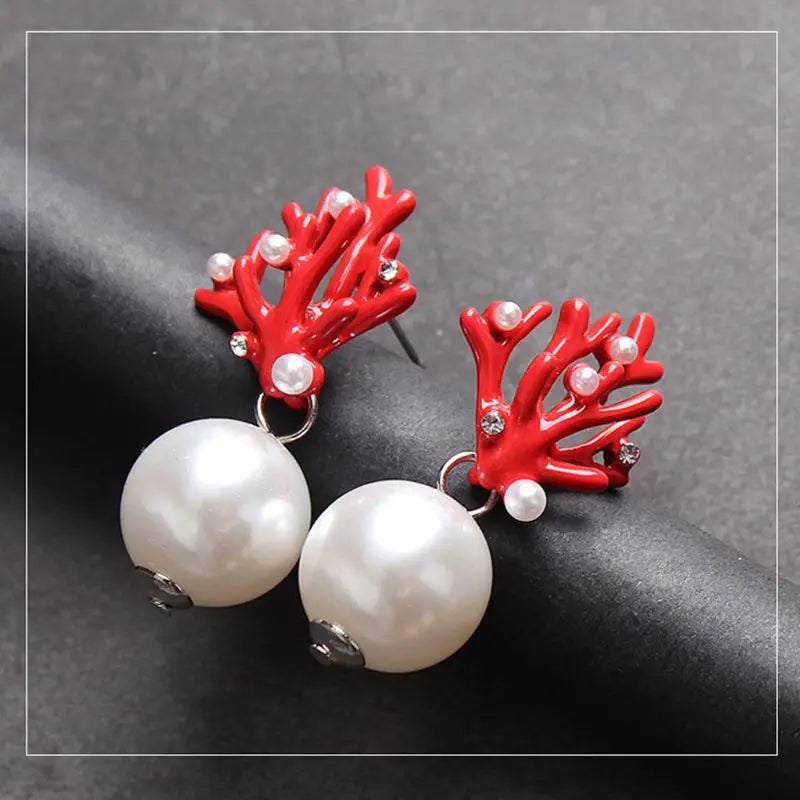 Boucles d'Oreilles Pendantes Corail Rouge et Perles