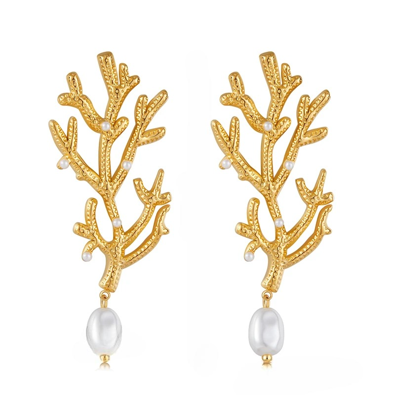 Hængende Øreringe med Koraller og Hvide Perler
