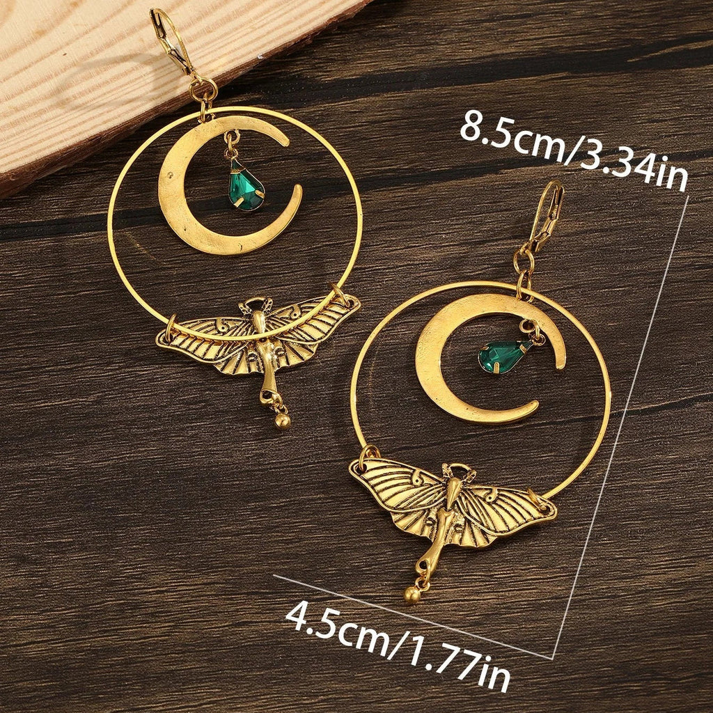 Boucles d'Oreilles Pendantes Croissant de Lune et Papillon de Nuit