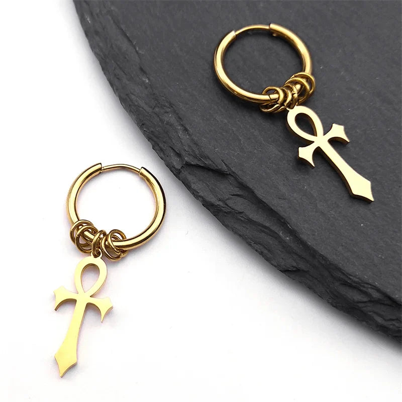 Boucles d'Oreilles Pendantes Croix d'Ankh pour Homme ou Femme or
