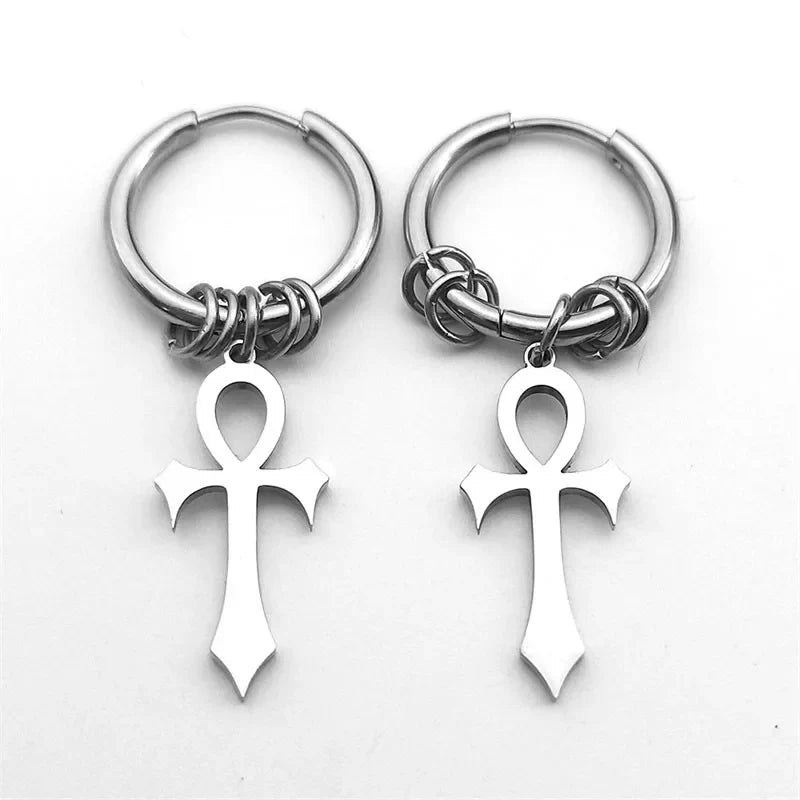 Náušnice s visacím křížem Ankh pro muže nebo ženy stříbrné