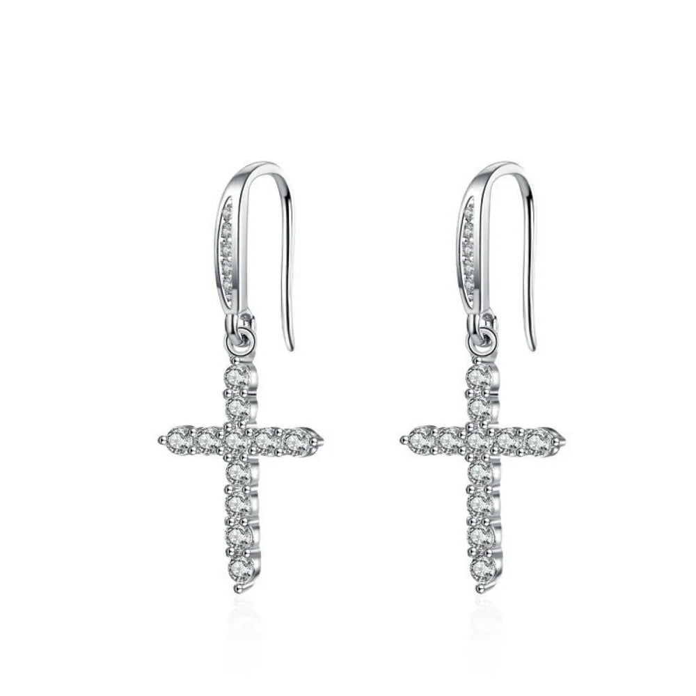 Boucles d'Oreilles Pendantes Croix en Zircon argent