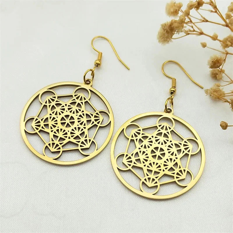 Boucles d'Oreilles Pendantes Cube Métatron or