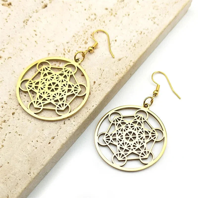 Boucles d'Oreilles Pendantes Cube Métatron or
