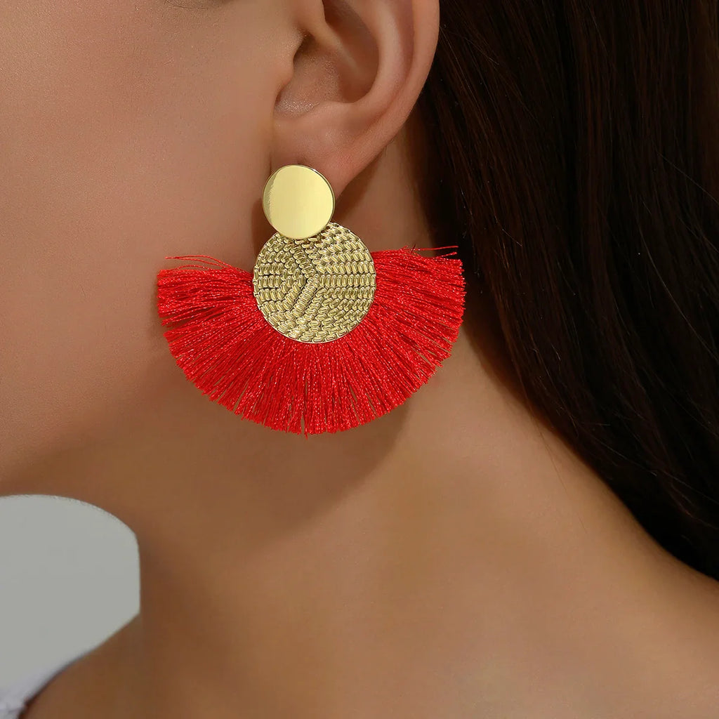 Boucles d'Oreilles Pendantes de Style Bohême en Eventail rouge