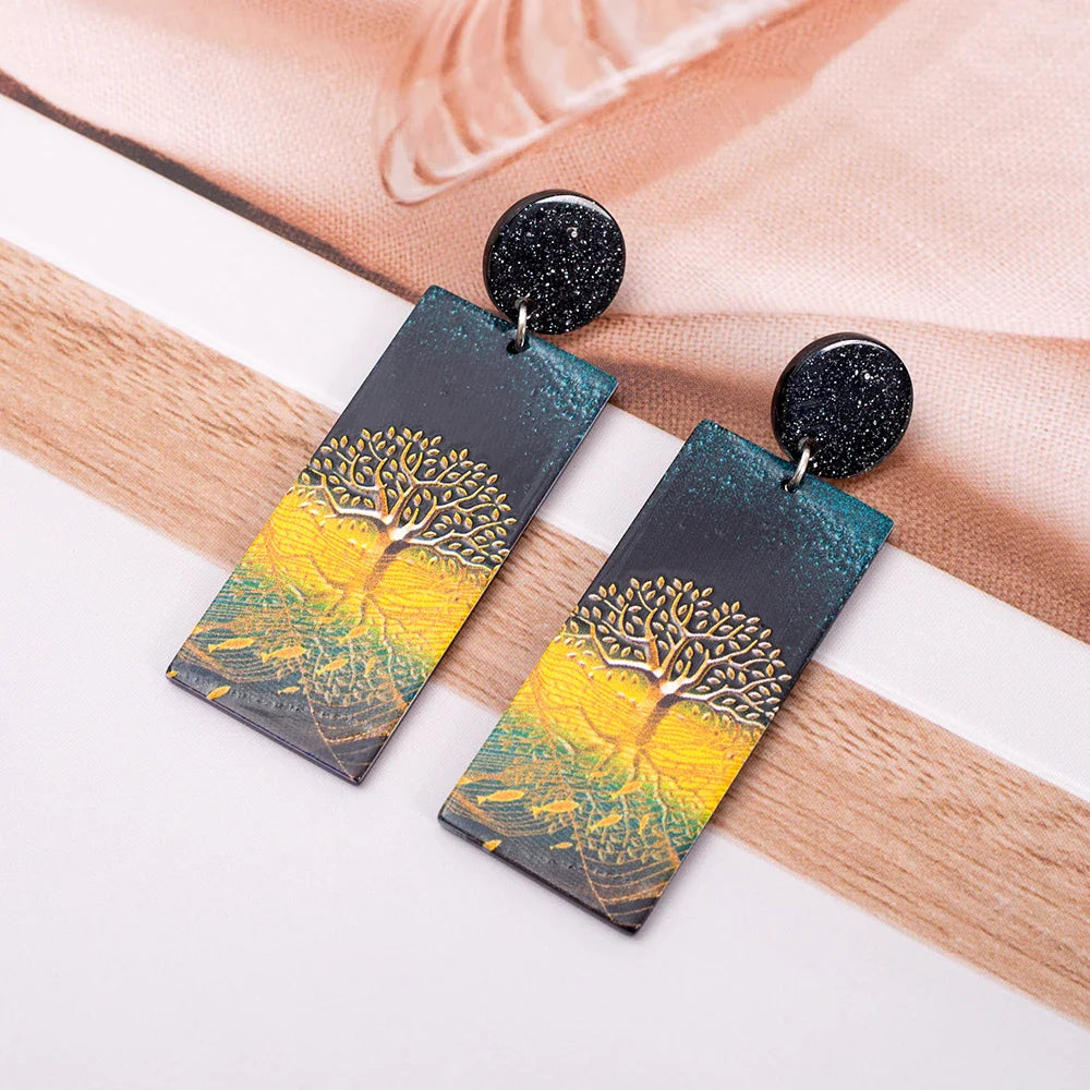 Boucles d'Oreilles Pendantes en Acrylique Arbre de Vie