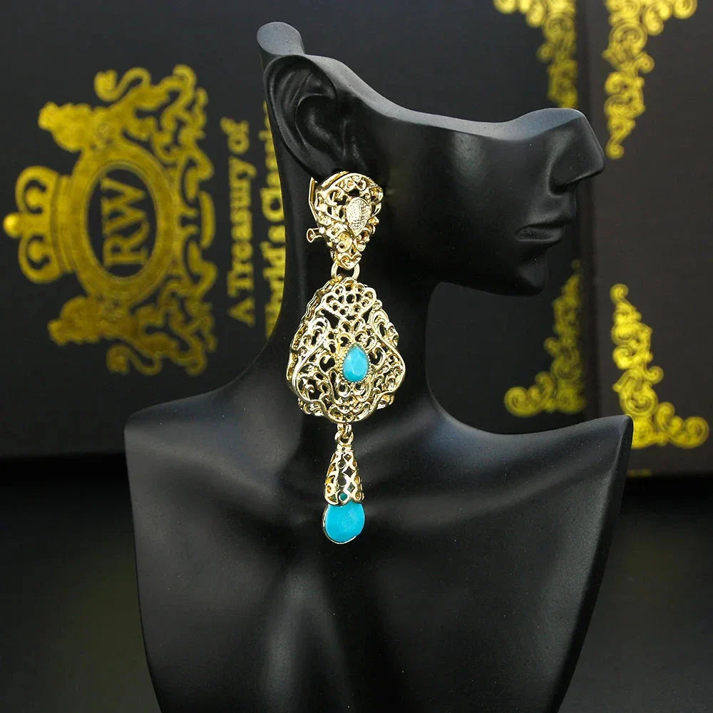 Boucles d'Oreilles Pendantes Ethniques Orientales bleu turquoise