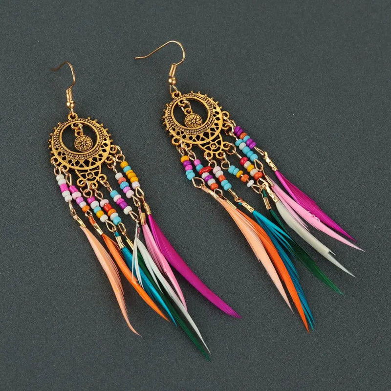 Boucles d'Oreilles Pendantes Ethniques Plumes Colorées Femme or