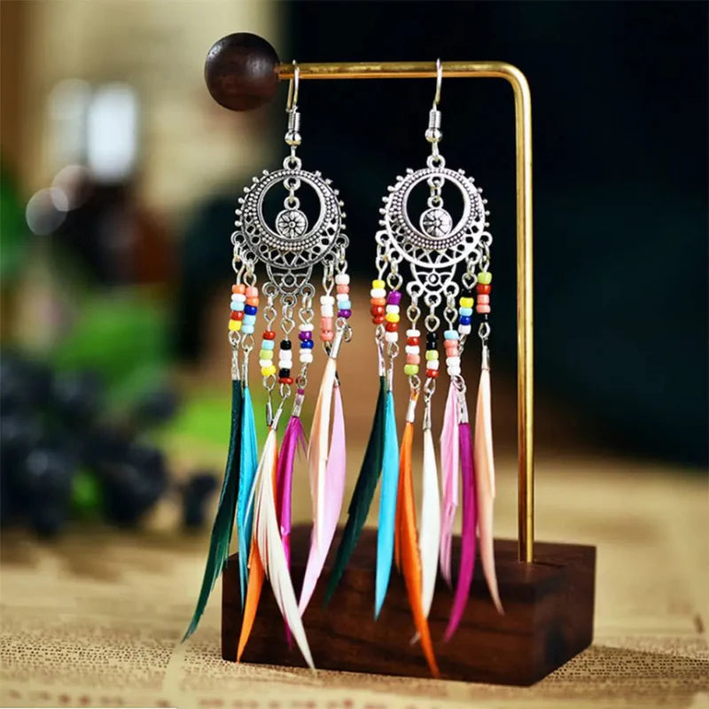Boucles d'Oreilles Pendantes Ethniques Plumes Colorées Femme argent