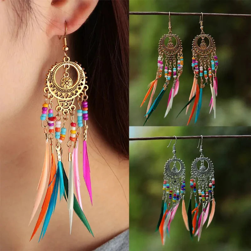 Boucles d'Oreilles Pendantes Ethniques Plumes Colorées Femme or