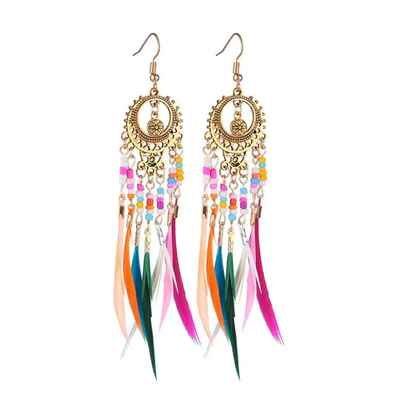 Boucles d'Oreilles Pendantes Ethniques Plumes Colorées Femme or