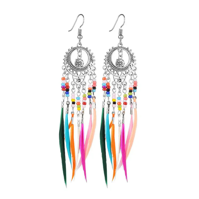 Boucles d'Oreilles Pendantes Ethniques Plumes Colorées Femme argent